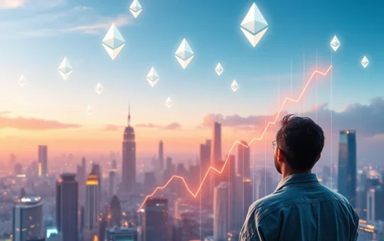 An upward-trending chart with Ethereum symbols, illustrating the astonishing wealth potential of Ethereum investment in the digital asset market.