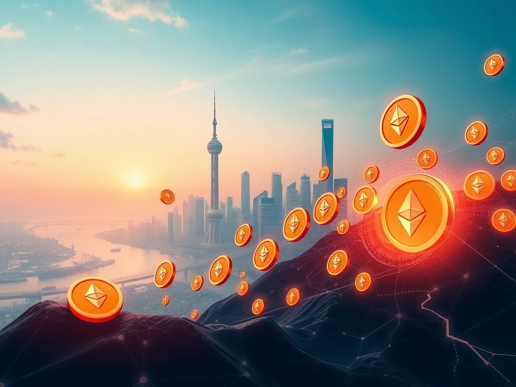 A visual representation of the significant Ethereum unstaking activity, showing ETH tokens flowing from staking contracts into the broader market, highlighting the transformation of the PoS network.