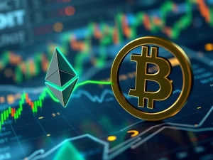 A chart showing Ethereum's higher volatility compared to Bitcoin, with ETH price maintaining support above $3,721.