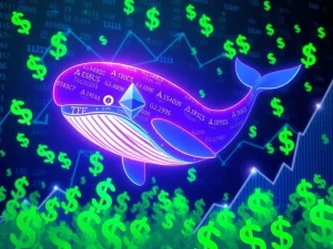 A digital whale symbolizing Ethereum whales accumulating ETH, representing the impact of institutional crypto buying on ETH price.