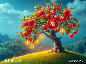 A digital apple tree symbolizing Etherlink's Apple Farm Season 2, generating crypto rewards and boosting the DeFi ecosystem.