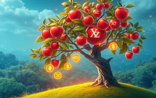 A digital apple tree symbolizing Etherlink's Apple Farm Season 2, generating crypto rewards and boosting the DeFi ecosystem.