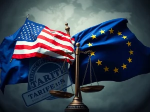 Depiction of the escalating EU tariffs and US trade war impacting global economies and market stability.