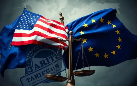 Depiction of the escalating EU tariffs and US trade war impacting global economies and market stability.