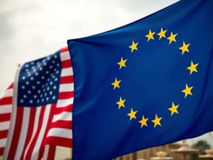 The EU flag stands defiantly against the US flag, symbolizing Europe's strategic €100B counter to Trump tariffs and its robust EU trade defense.