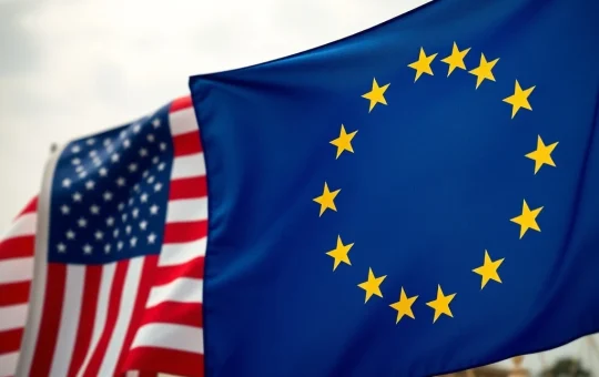 The EU flag stands defiantly against the US flag, symbolizing Europe's strategic €100B counter to Trump tariffs and its robust EU trade defense.