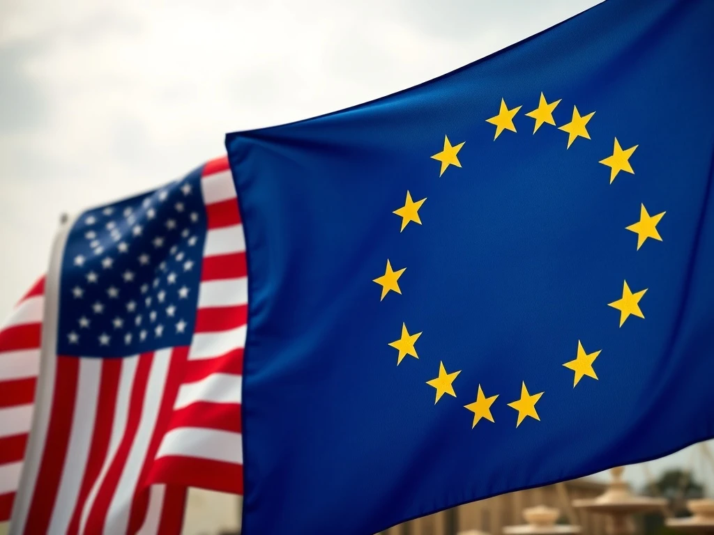 The EU flag stands defiantly against the US flag, symbolizing Europe's strategic €100B counter to Trump tariffs and its robust EU trade defense.