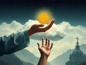A deceptive hand reaching from clouds offering a digital coin to an eager investor, symbolizing faith-based crypto scams.