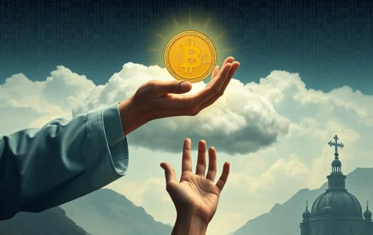 A deceptive hand reaching from clouds offering a digital coin to an eager investor, symbolizing faith-based crypto scams.