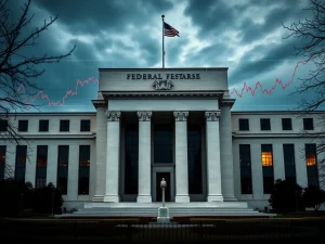 Federal Reserve building with split economic indicators showing inflation and labor market trends