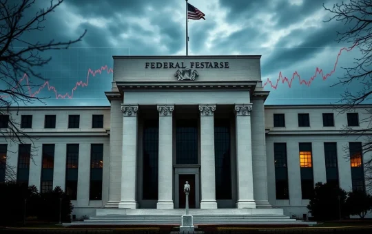 Federal Reserve building with split economic indicators showing inflation and labor market trends