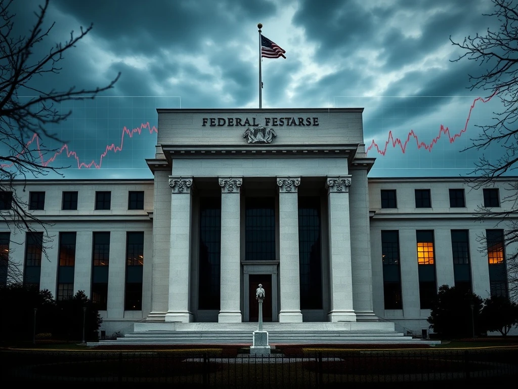Federal Reserve building with split economic indicators showing inflation and labor market trends