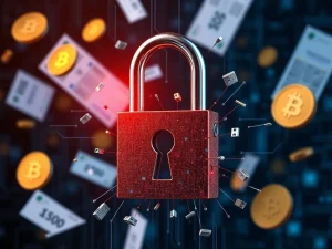 Digital lock breaking with financial data breaches exposing bank statements and crypto keys