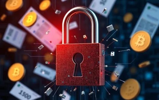 Digital lock breaking with financial data breaches exposing bank statements and crypto keys