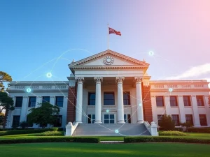 A gavel and blockchain symbols representing the Australian court's landmark ruling on Finder Earn, providing regulatory clarity for crypto yield products.