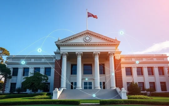 A gavel and blockchain symbols representing the Australian court's landmark ruling on Finder Earn, providing regulatory clarity for crypto yield products.