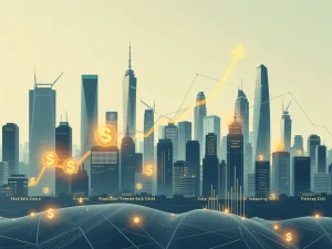 A visual representation of FIS's impressive market surge amidst strategic expansion in digital banking, showing upward trends and global connectivity.