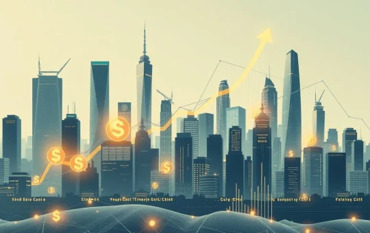 A visual representation of FIS's impressive market surge amidst strategic expansion in digital banking, showing upward trends and global connectivity.