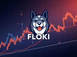 A digital chart depicting Floki (FLOKI) price action with an upward trend, signaling a potential market breakout and 25% upside.