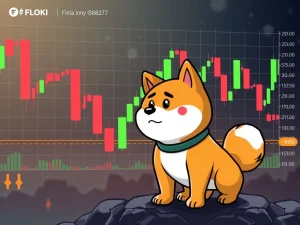 A digital chart illustrating the recent 14.5% Floki price correction, with key technical indicators signaling mixed market sentiment.