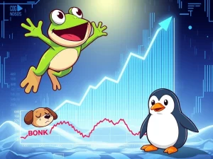 FloppyPepe soaring amidst charts, symbolizing its explosive surge contrasted with the struggles of other meme coins like BONK.