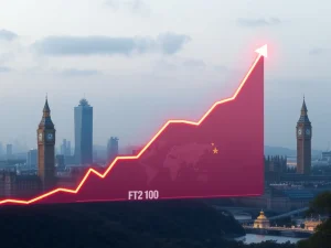 Graph showing the FTSE 100 record high, symbolizing market optimism driven by global trade and China's economic growth.