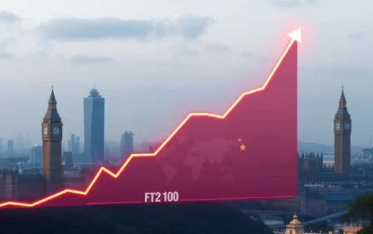 Graph showing the FTSE 100 record high, symbolizing market optimism driven by global trade and China's economic growth.
