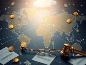 A visual representation of global legal frameworks and crypto assets, symbolizing the complex process of FTX liquidation and cross-border claim transfers for creditor recovery.