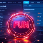 FUN token glowing on a blockchain network with governance voting interface