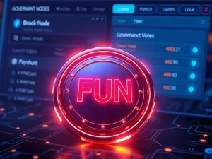 FUN token glowing on a blockchain network with governance voting interface