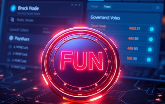 FUN token glowing on a blockchain network with governance voting interface