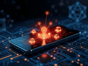 Abstract representation of a smartphone connecting to a decentralized network, highlighting Gaia's privacy-enhancing AI Phone and its secure data flow.