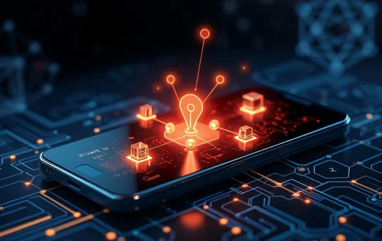 Abstract representation of a smartphone connecting to a decentralized network, highlighting Gaia's privacy-enhancing AI Phone and its secure data flow.