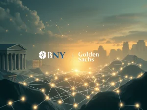 BNY Mellon and Goldman Sachs logos intertwined with blockchain elements, symbolizing their collaboration in digital asset tokenization for the fund market.