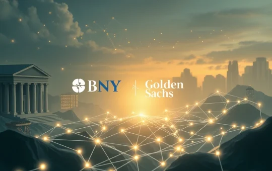 BNY Mellon and Goldman Sachs logos intertwined with blockchain elements, symbolizing their collaboration in digital asset tokenization for the fund market.