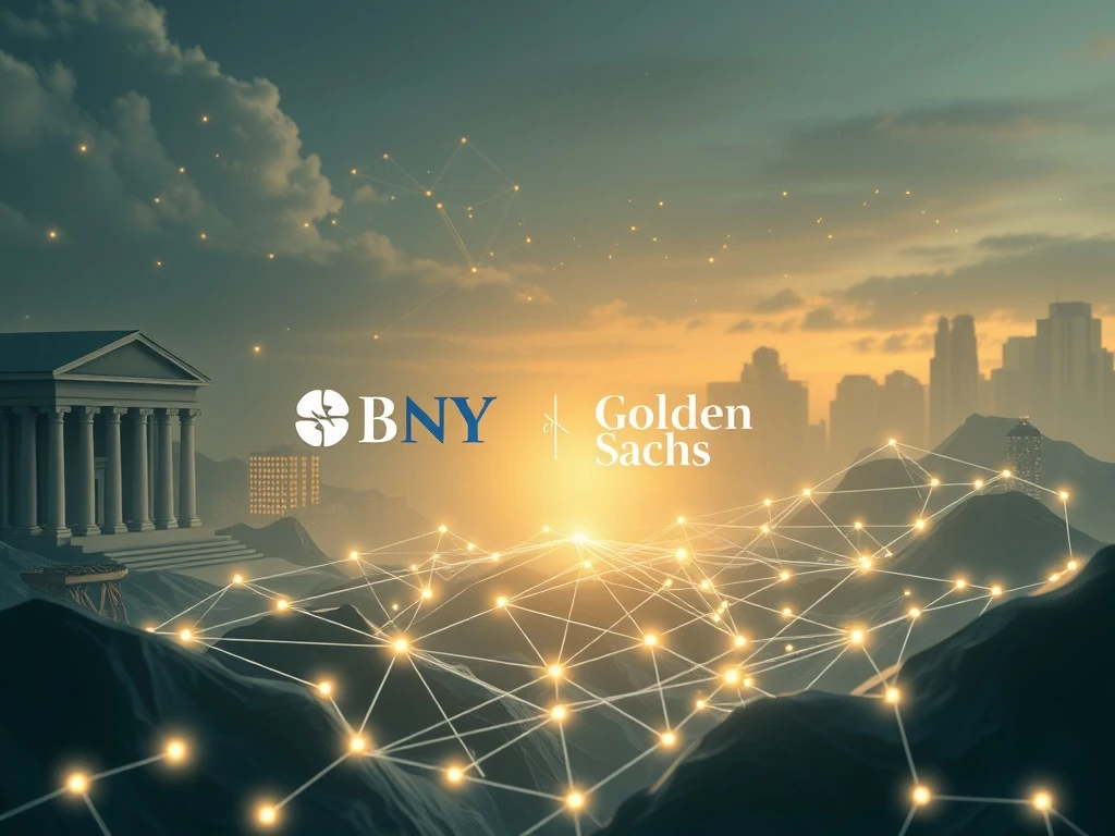 BNY Mellon and Goldman Sachs logos intertwined with blockchain elements, symbolizing their collaboration in digital asset tokenization for the fund market.
