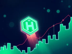 Hedera Hashgraph (HBAR) price chart showing a significant upward surge, symbolizing bullish momentum driven by a Robinhood listing.