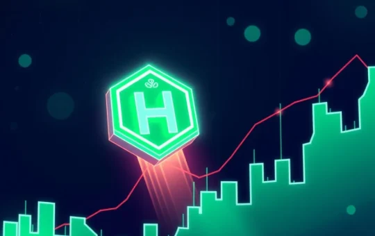 Hedera Hashgraph (HBAR) price chart showing a significant upward surge, symbolizing bullish momentum driven by a Robinhood listing.