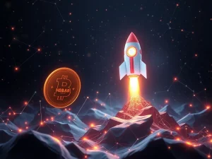 Hedera HBAR crypto gem rising in a futuristic blockchain landscape