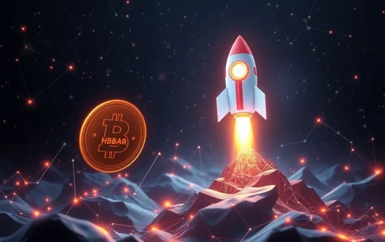 Hedera HBAR crypto gem rising in a futuristic blockchain landscape