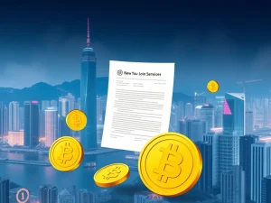 Hong Kong skyline with digital stablecoin symbols representing new regulations