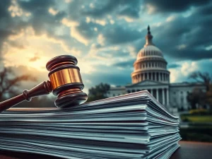 A gavel striking documents with the Capitol Building in the background, symbolizing the House subpoena for Trump Epstein files.