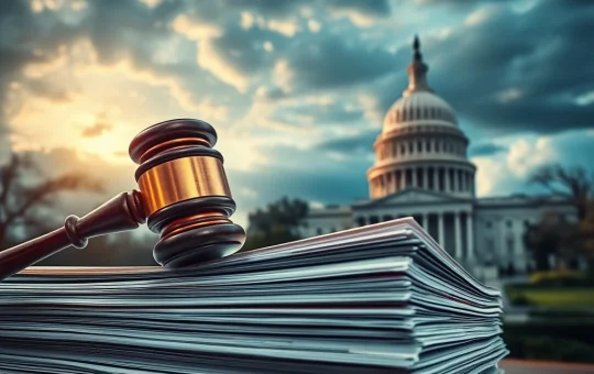 A gavel striking documents with the Capitol Building in the background, symbolizing the House subpoena for Trump Epstein files.
