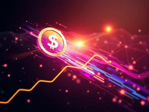 A vibrant, abstract digital representation of a HYPER token rapidly ascending, symbolizing its significant crypto price surge fueled by Hyperchain platform growth.