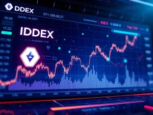 IDEX token price surge on a DeFi trading dashboard with blockchain visuals