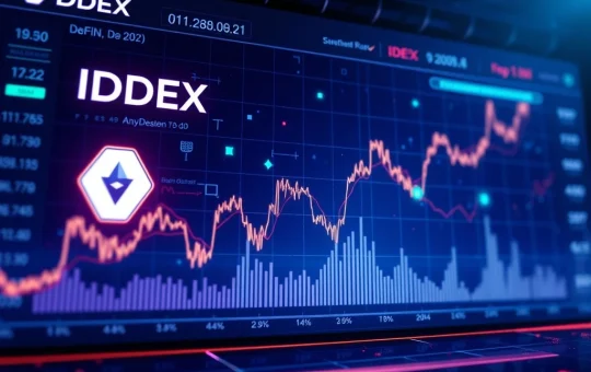IDEX token price surge on a DeFi trading dashboard with blockchain visuals