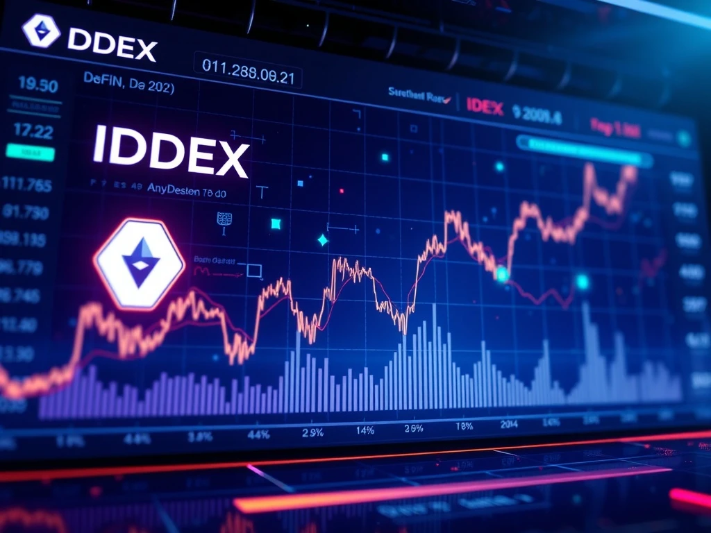 IDEX token price surge on a DeFi trading dashboard with blockchain visuals