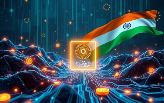 An AI system analyzing cryptocurrency transactions to detect tax evasion in India, symbolizing the success of Indian crypto tax collection efforts.