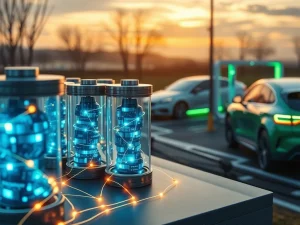 Illustrates U Power and IoTeX's revolutionary Battery Asset Tokenization partnership on the blockchain, showing batteries transforming into digital assets.