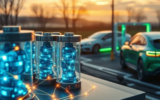 Illustrates U Power and IoTeX's revolutionary Battery Asset Tokenization partnership on the blockchain, showing batteries transforming into digital assets.